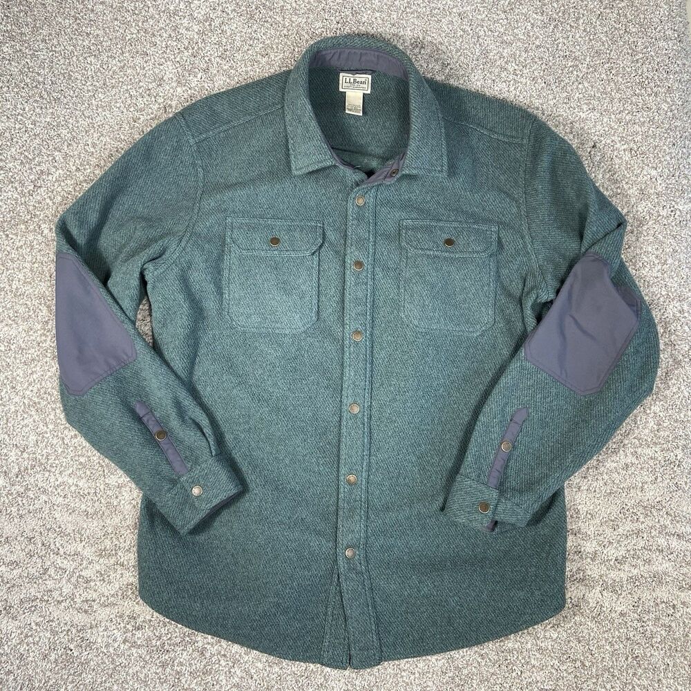 L.L Bean Allagash Shirt Mens Medium Fleece Shacket Elbow Patch Snap Jacket